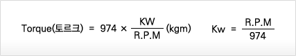 토르크 = 974 × KW/R.P.M(kgm) Kw = R.P.M/974